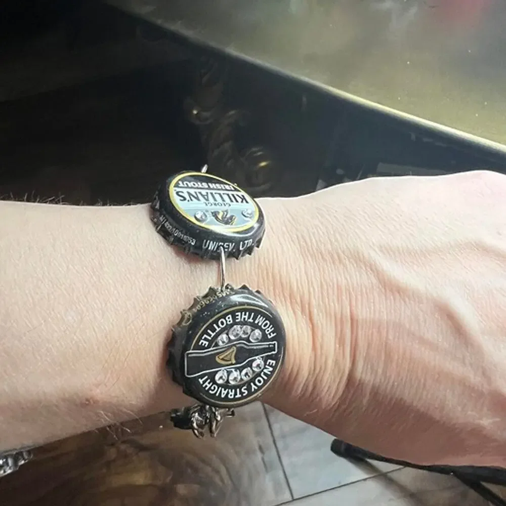 Beer bottle cap embellished charm bracelet. Bud Light